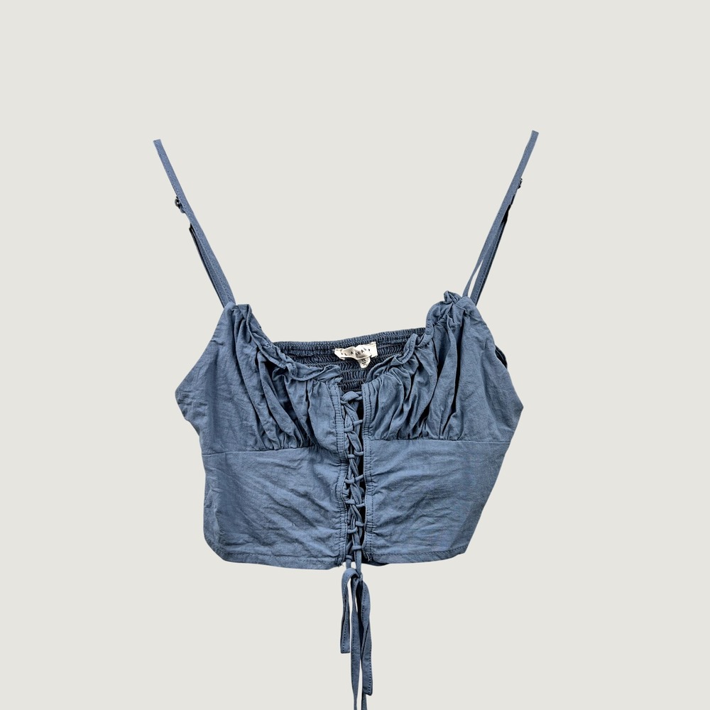 LA Hearts Crop Top Womens XS Blue Lace Up Smocked Back Cami Corset Style